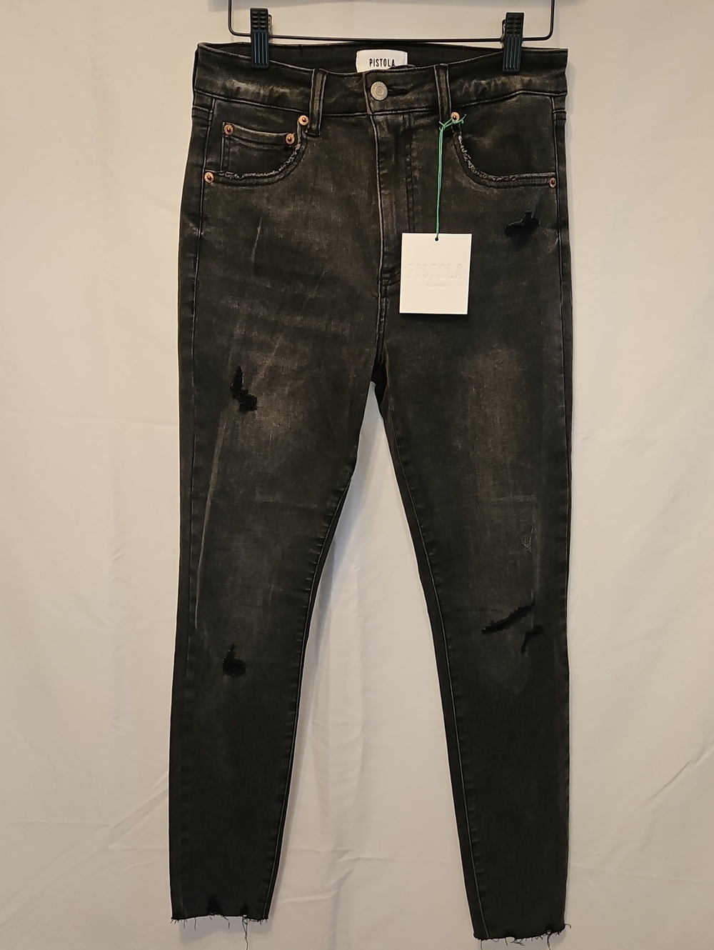 NWT Pistola Womens 28 Black Distressed High Rise Skinny Jeans Raw Hem